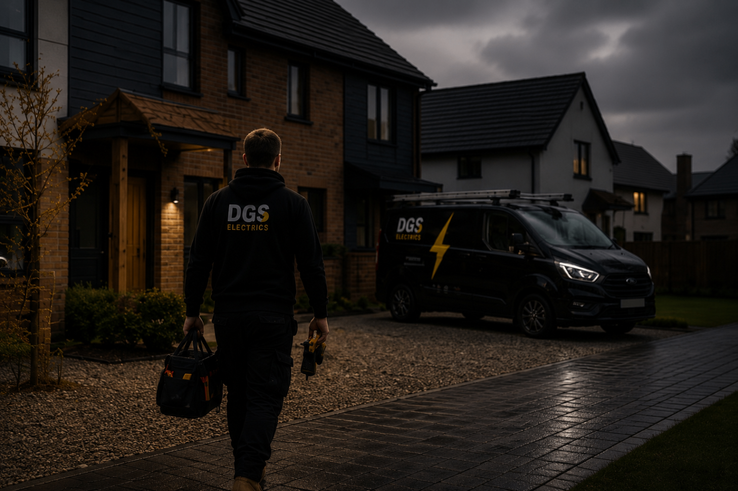 DGS electrician walking to the branded van outside a Surrey home at dusk